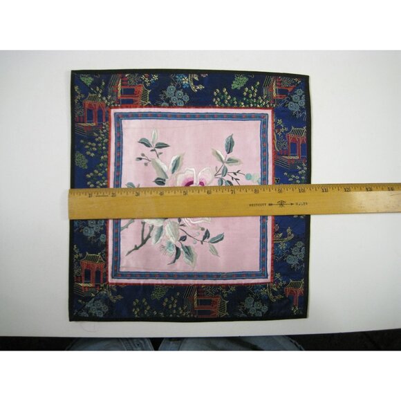 Vintage Asian Chinese Embroidered Silk Art Floral Panel Handmade Textile Square - Picture 2 of 6